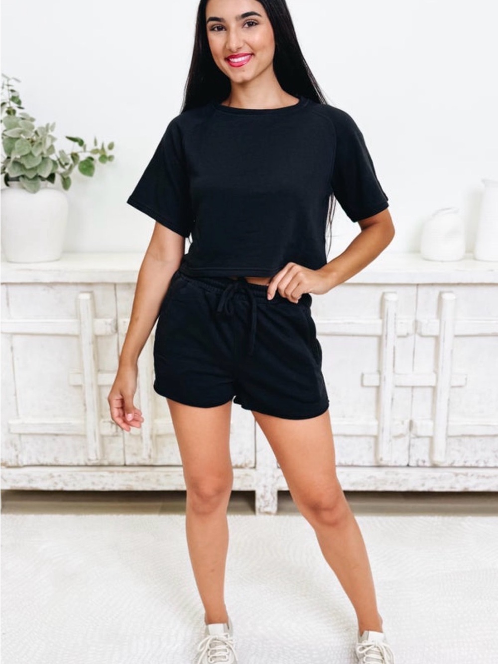 NEW Women's Black Cropped Tee - Casual Short Sleeve Crop Top & Shorts
